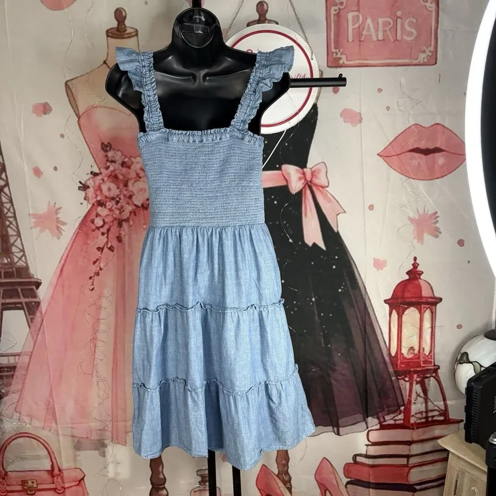 J. Crew Chambray Smocked Tiered Cotton Sun Dress Sz S